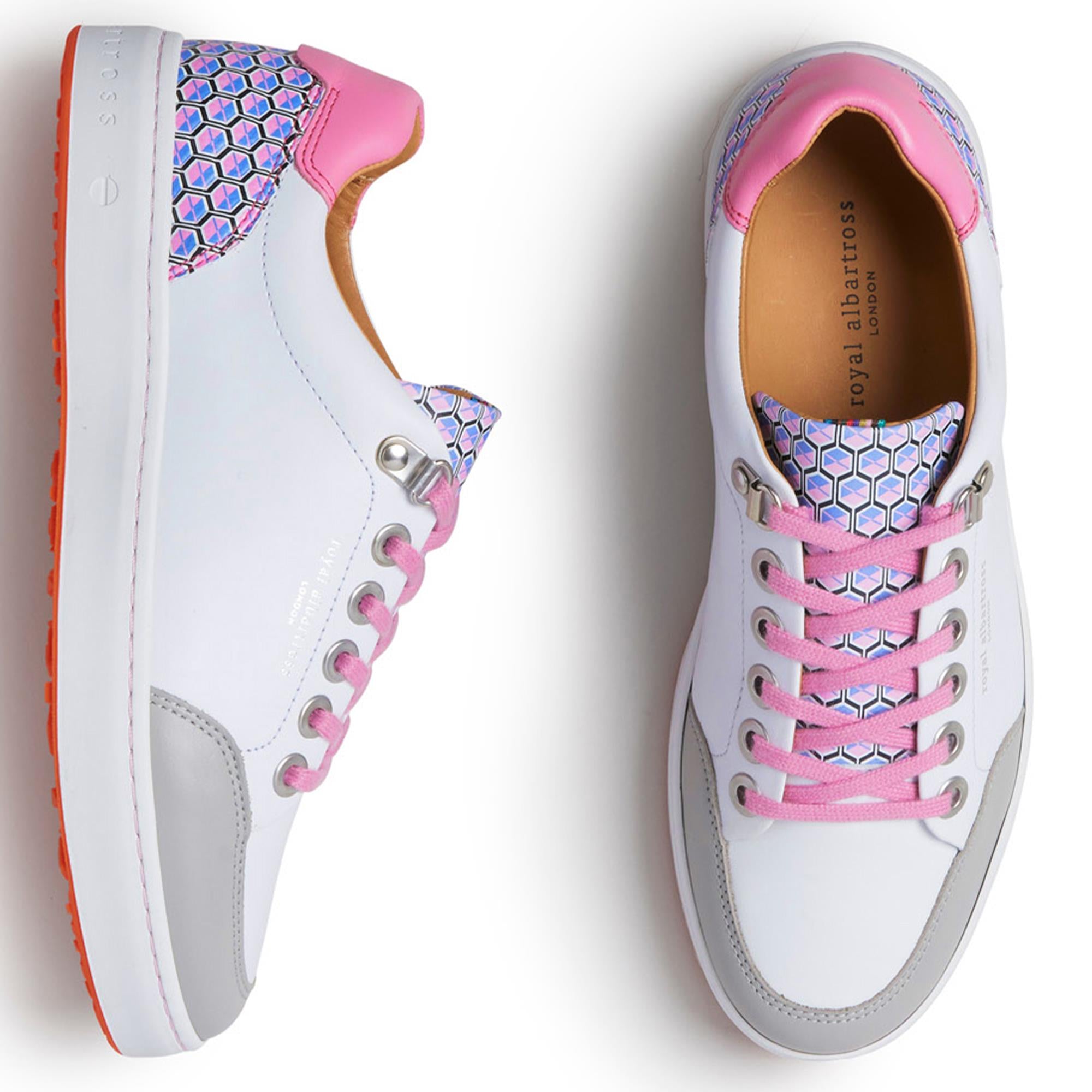 Bird’s eye view of Royal Albartross Fieldfox ladies golf shoes in geo white with pink laces – luxury spikeless golf shoes for women